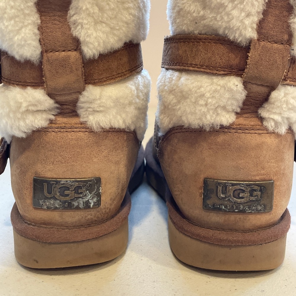 UGG Australia Beckett Boots Womens Size 7 Light Brown Suede Shearling Buckle - Picture 9 of 16